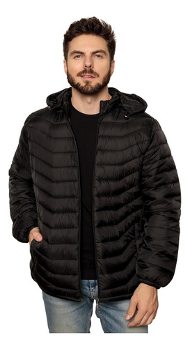 Blusa Frio Masculina Poliéster Puffer Com Capuz E Zíper 