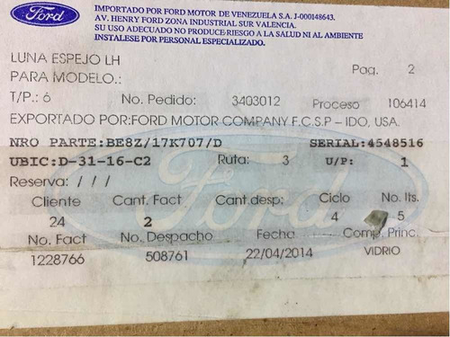 Lunas De Espejos Retrovisor Ford Fiesta Titaniun 100% Ford Foto 5