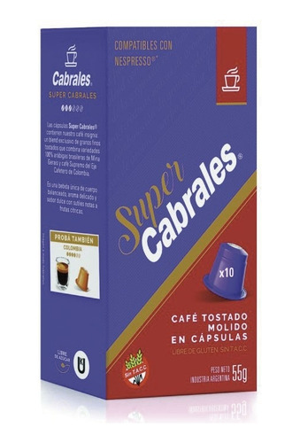 Capsulas Cafe Super Cabrales Nespresso Libre Gluten Kosher 