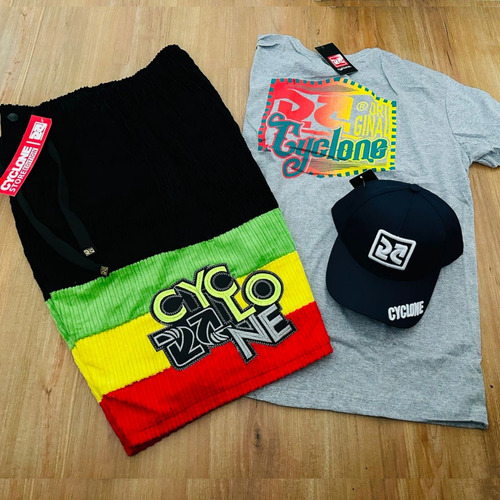 Bermuda Veludo Da Cyclone Reggae + Camiseta Cinza E Boné 