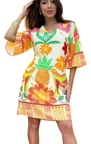 Vestido Tipo Farm Curto Manga Longa Tropical Florverao Unico