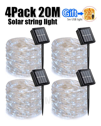 4pack 20m Luz De Navidad Tira 200led Luces Solares Al Aire L