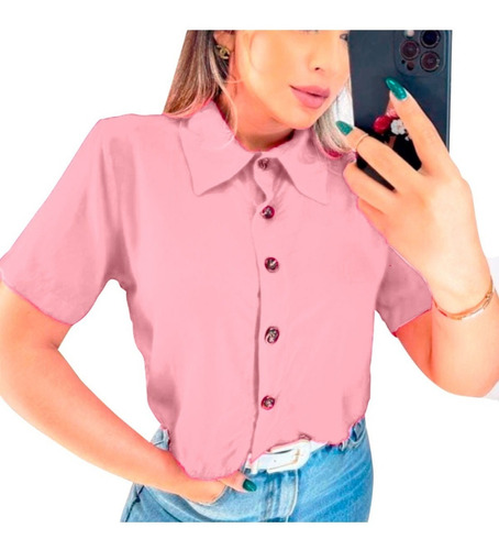 Blusinha Feminina Camisa Social Cropped Botões Manga Curta