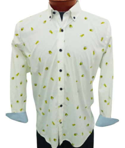 Camisa Hombre Manga Larga Estampado Cerveza Blanco