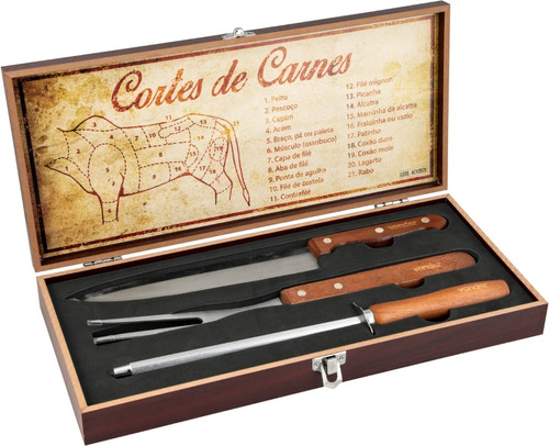 Kit Churrasco Inox C/ Maleta Churrasqueiro Profissional 4 Pç