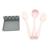 Kit Utensílios De Silicone Rosa Com Descanso