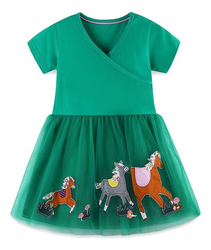 Vestido De Malla Moda Para Niña De Verano Bordado Caballo