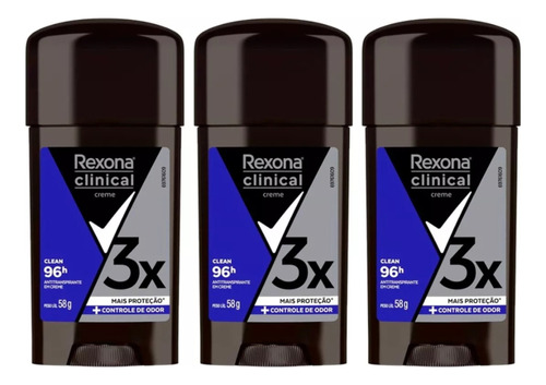 Rexona Clinical Em Creme Clean Masculino - Kit C/3 Unidades