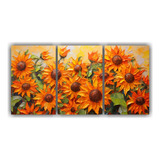 90x45cm Cuadro Tríptico Acuarela Girasoles Naranjas Flores