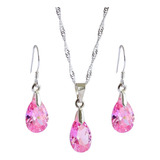 Conjunto Plata Con Gota Brillante Rosa 