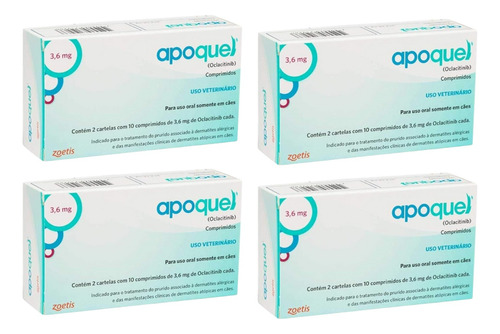 4 Apoquel Dermatológico Anti Coceira Cães 3,6 Mg 20 Comp