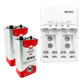 2 Bateria Recarregável 9 Volts 240 Mah Mox + Carregador Rápi