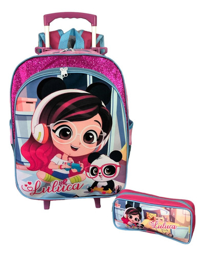 Mochila Infantil Luluca Pandinha Rodinhas Meninas G + Estojo