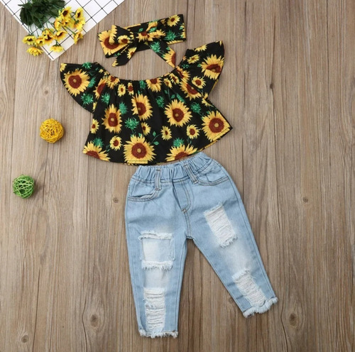 Ropa Bebé Niña Blusa Girasoles + Pantalón Y Cintillo.