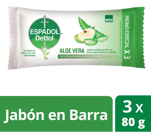 Espadol Jabón Antibacterial  Aloe Vera Pack X 3u 80g C/u