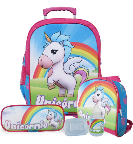 Kit Escolar Mochila Infantil Tam G De Rodinhas Unicórnio