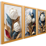 Kit 3 Quadro Floral Tulipas Branca Dourada Ouro Sala Quarto