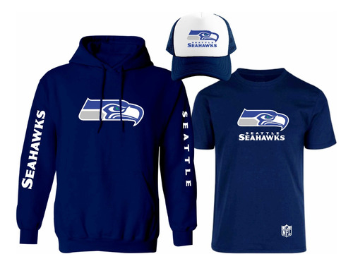 Kit Sudadera + Playera + Gorra Mod Seattle Seahawks Nfl 