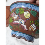 Cachepot Cerâmica Com Desenhos Esmaltados 21x14cm + Prato
