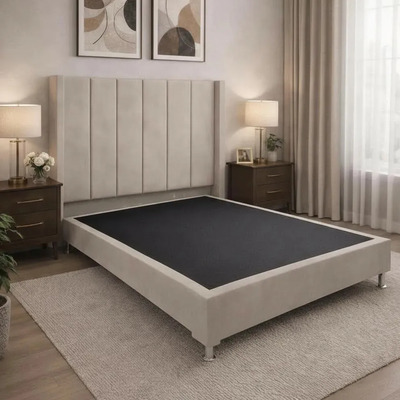 Recamara Base Cama + Cabecera Queen Size Modelo Nova | Moderno Diseño Y Calidad Premium | Tapizada En Vinipiel Beige | Minimalista | Muy Resistente