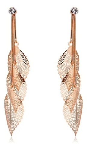 Aretes Largos Hojas Filigrana Swarovski Oro Rosa 14k Lam