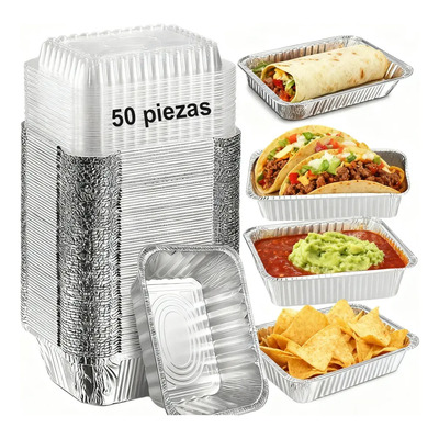 50pz Bandeja Aluminio C/tapa 13x10cm Para Comida Para Llevar