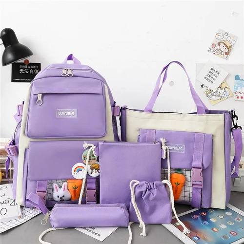 Set Mochila Coreana Kawaii Peluche + Organizador Bolso Cartu