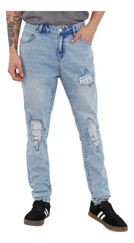 Jeans Hombre Super Skinny Roturas Azul Claro Corona