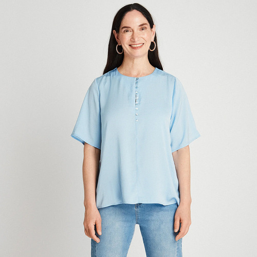 Blusa Satin Detalle De Botones Celeste Ldp