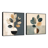 Conjunto Quadros Abstrato Planta Vaso Boho Em Canvas 80x80 Cor Da Armação Preto