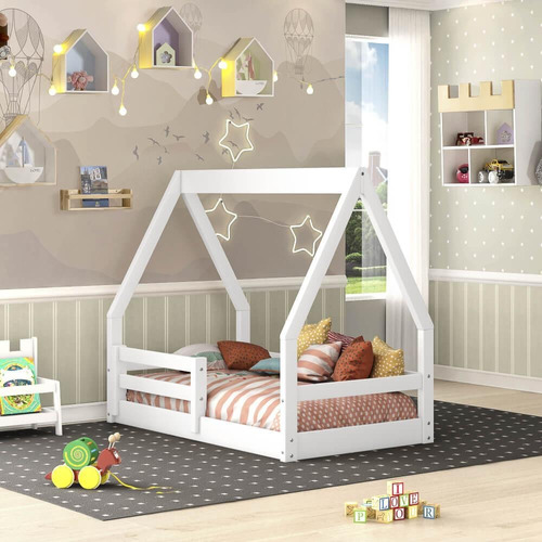 Mini Cama Montessoriano Cabaninha Com Grade Em Madeira Maciç Cor Branco