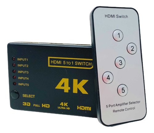 Switch Hdmi 5 X 1 4k 3d Con Control Remoto Entrada P/ Fuente