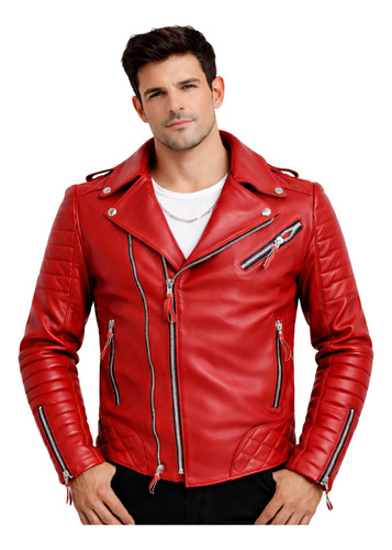 Chamarra Biker De Piel Para Hombre Roja Rockera Doble Cierre