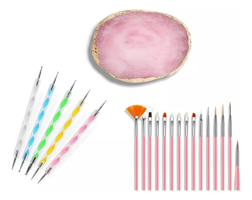 Kit 15 Pinceles + 5 Punteros+ Piedra Paleta Mano Alzada Uñas