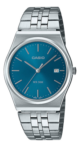 Reloj De Pulsera Casio Mtp-b145d-2a2vdf, Analógico, Para Hombre, Fondo Azul, Con Correa De Acero Inoxidable Color Plateado, Bisel Color Plateado Y Desplegable