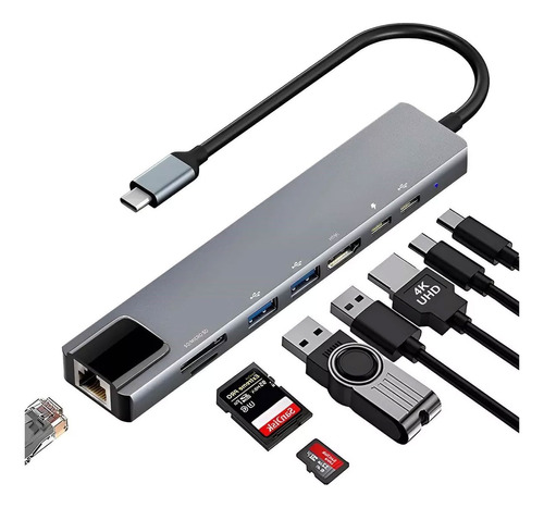 Adaptador Multi-puerto Usb Tipo C Dock Hub A Hdmi Lan 8 En 1