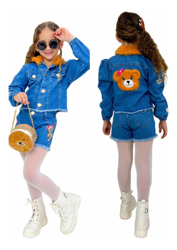 Conjunto Infantil 3 Peças Short Jeans Bordado Jaqueta Bolsa