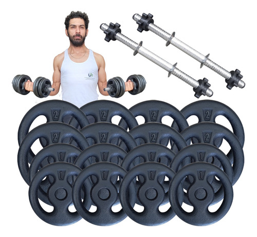 Kit 24kg Anilhas + 2 Barras Rosca Rápida 40cm - Musculação