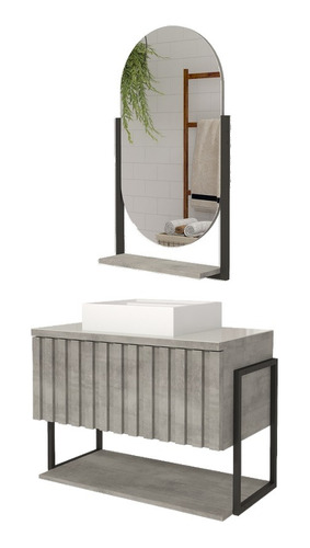 Gabinete Banheiro 80cm Mdf Aço Cuba Espelheira Porta Cinza