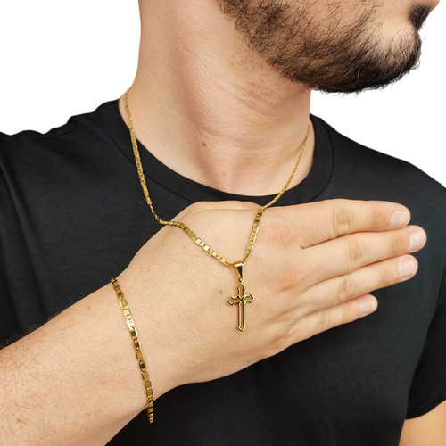 Cordão Com Pulseira + Pingente Cruz Masculino Banhado Ouro