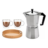 Pack Cafetera Tipo Italiana Con Taza Doble Y Bandeja Redonda