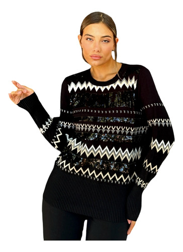 Sweater Importado Negro Frente Bordado Lentejuelas Bremer 