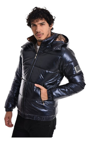 Campera Hombre Inflada Metalizada Impermeable Capucha