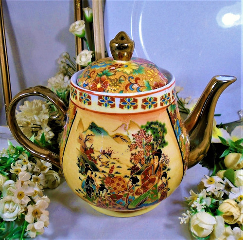 Tetera De Porcelana Satzuma Con Escena Oriental 1 Litro