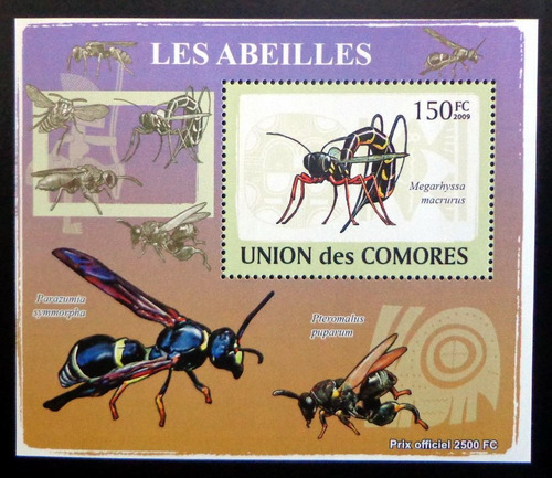 Comores Insectos, Bloque 1 Sello Abejas 150fc 09 Mint L9321