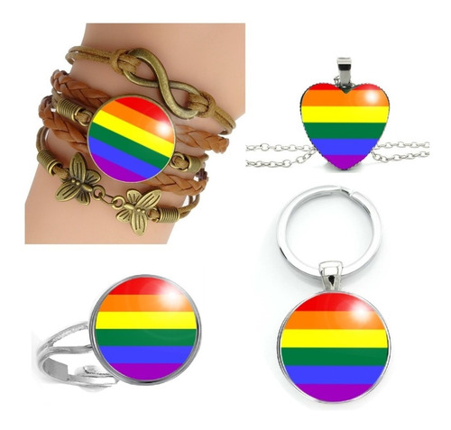 Kit Gay Feminino Pulseira Chaveiro Anel E Colar Orgulho Lgbt