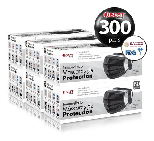 300 Cubrebocas Termosellado Tricapa Tapabocas  Best Trading Color Negro Con Ajustador Nasal Oculto Tecnología Ligera De Filtrado Efectivo