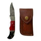 Cuchillo Plegable Acero Damasco 17cm +512 Capas. Funda Cuero