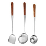 Wok Espátula Cucharón Skimmer Práctico Mango De Madera