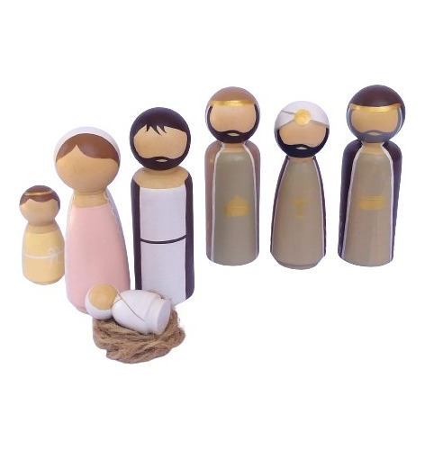 Set 7 Figuras De Pesebre Navideño Artesanal Peg Dolls Madera